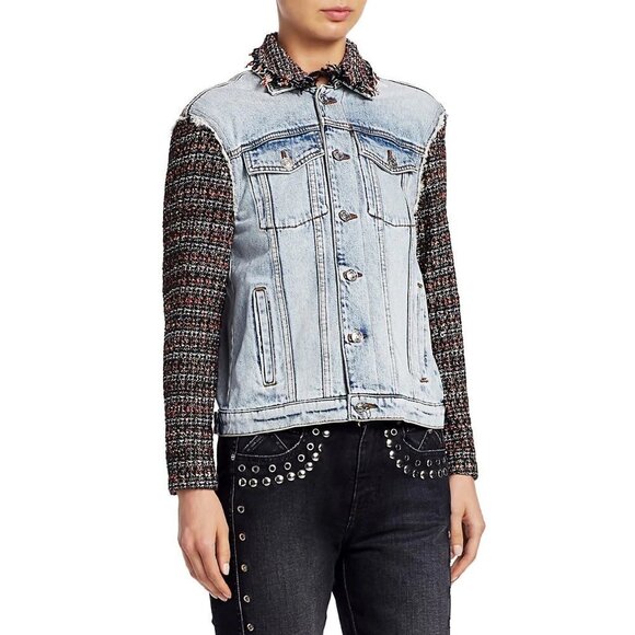 NWT Current / Elliott contrasting denim & tweed short light wash jean jacket - Picture 12 of 16